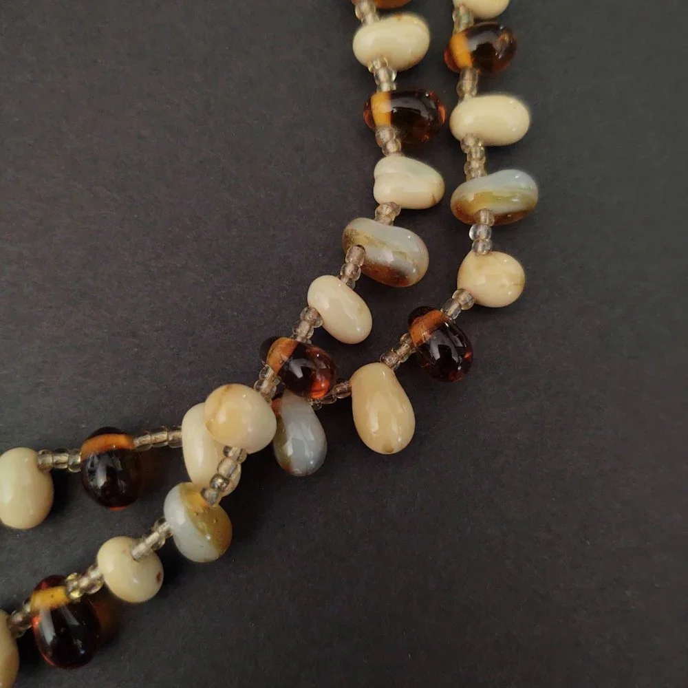 Honey, amber, beige, cream and cognac glass beaded necklace w/seed bead …